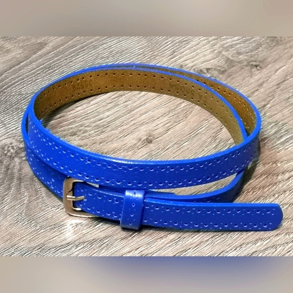 Vintage Vegetable Dyed Perforated Skinny Blue Leather Spectator Belt